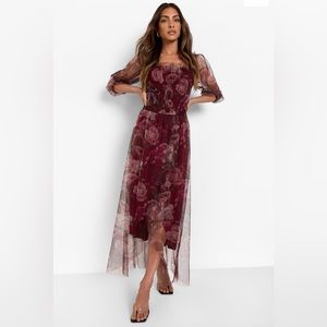 Boohoo Floral Mesh Ruched Maxi Dress in berry
